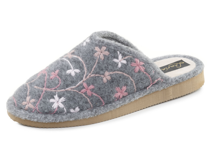 Huisschoenen - Laurina, lichte damespantoffels met kleurrijk bloemenborduurwerk, in Größe 036 bis 042, in Farbe GRIJS Ansicht 1