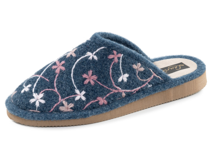 Huisschoenen - Laurina, lichte damespantoffels met kleurrijk bloemenborduurwerk, in Größe 036 bis 042, in Farbe BLAUW Ansicht 1