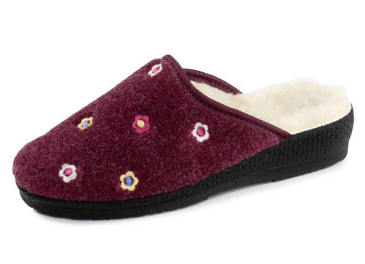 Huisschoenen - Gevoerde damespantoffels, met nieuwe wol, in Größe 036 bis 042, in Farbe BORDEAUX Ansicht 1