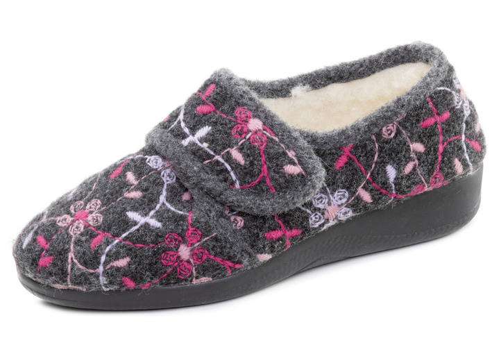 Huisschoenen - Gevoerde damespantoffels met klittenbandsluiting, in Größe 036 bis 042, in Farbe ANTHRAZIT Ansicht 1
