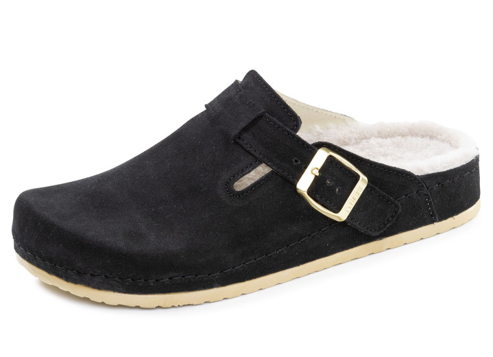 Huisschoenen - Mubb, klassieke damespantoffels, breedte H, met lamsvacht, in Größe 036 bis 042, in Farbe SCHWARZ Ansicht 1
