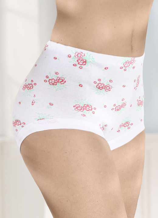Slips - Verpakking van vijf slips met vervangbare elastiek, in Größe 040 bis 060, in Farbe 3X WEISS-ROT-GRÜN BEDRUCKT, 2X WEISS Ansicht 1