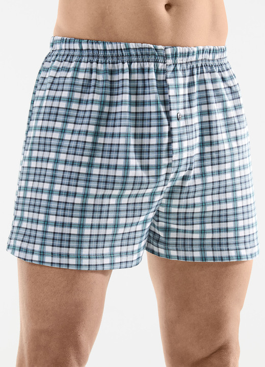Pants & boxershorts - Vierpack boxershorts met knoopsluiting, in Größe 005 bis 016, in Farbe 2X PETROL-WEISS, 2X UNI SCHWARZ