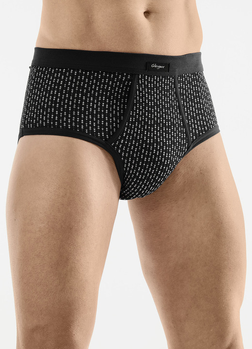Slips & onderbroeken - Vierdelige slip met gulp van fijne jersey, in Größe 005 bis 011, in Farbe 2X SCHWARZ-BUNT, 2X UNI SCHWARZ