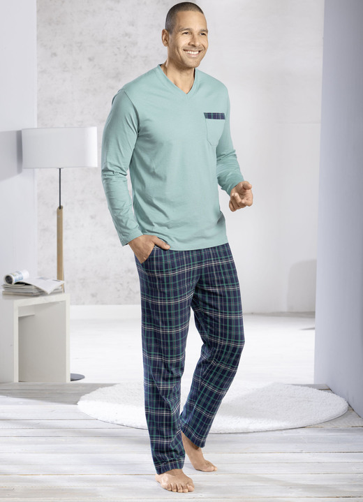 Pyjama's - Comte pyjama met V-hals en open manchetten, in Größe 046 bis 062, in Farbe MINT-MARINE-BUNT Ansicht 1