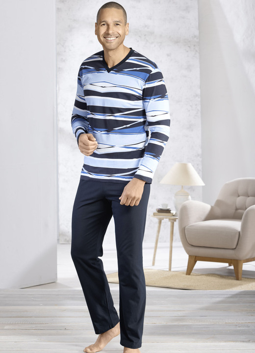 Pyjama's - V-hals pyjama met open manchetten, in Größe 046 bis 062, in Farbe HELLBLAU-NAVY-BUNT Ansicht 1