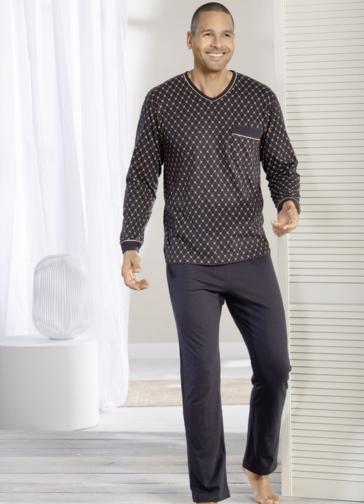Pyjama's - V-hals pyjama met open manchetten, in Größe 046 bis 064, in Farbe ANTHRAZIT-ECRU Ansicht 1