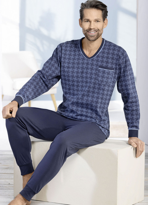 Pyjama's - V-hals pyjama met manchetten, in Größe 046 bis 066, in Farbe BLEU-MARINE Ansicht 1