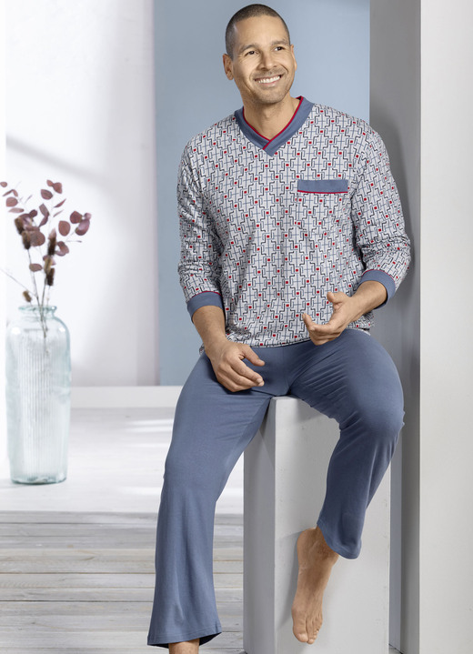 Pyjama's - V-hals pyjama met open manchetten, in Größe 025 bis 064, in Farbe HELLGRAU-STAHLBLAU-BUNT