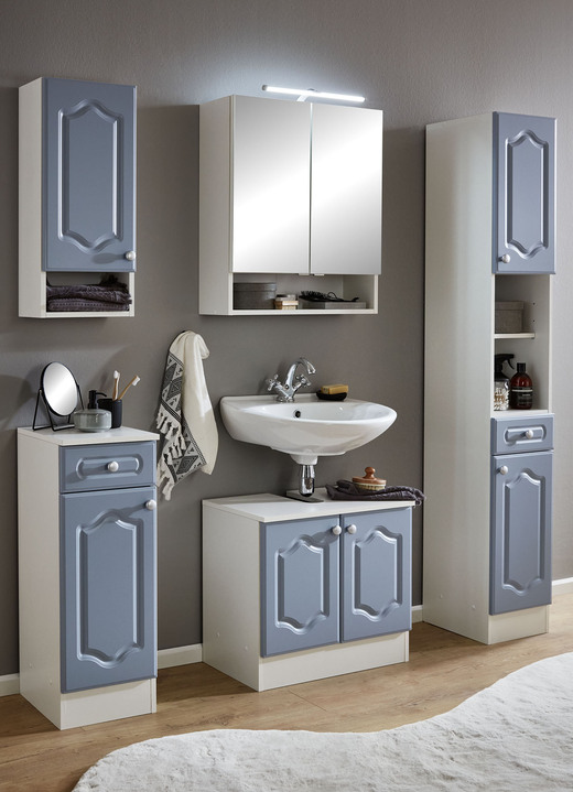 Badezimmermöbel - Seitenschrank, in Farbe WEISS-BLAU, in Ausführung Hängeschrank, Landhaus-Design Ansicht 1