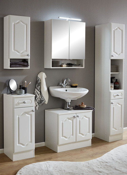 Badezimmermöbel - Seitenschrank, in Farbe WEISS-WEISS, in Ausführung Hängeschrank, Landhaus-Design Ansicht 1
