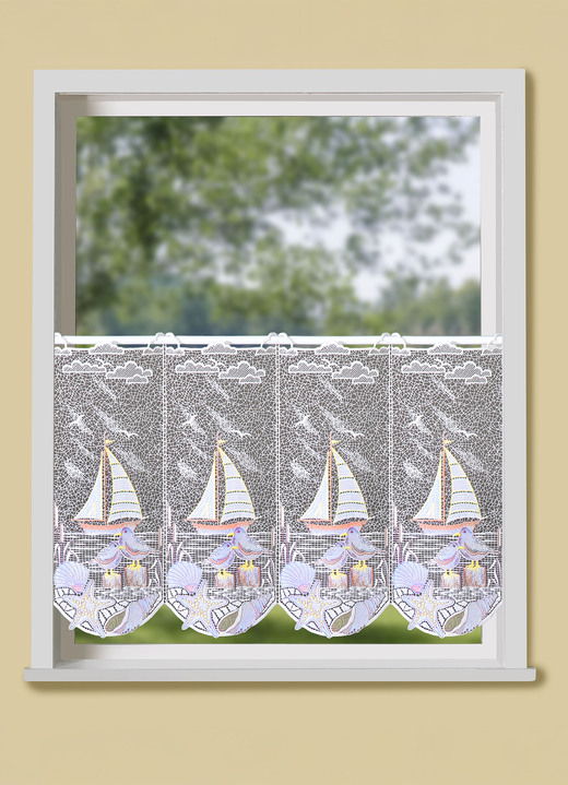 Plauener Stickerei - Kurzstore, in Größe 818 (H42xB48 cm) bis 824 (H42xB96 cm), in Farbe ECRU-BUNT