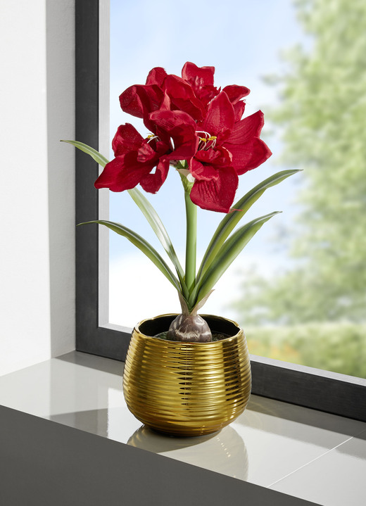 Kunst- & textielplanten - Amaryllis arrangement in een gouden pot, in Farbe ROT-GRÜN-GOLD