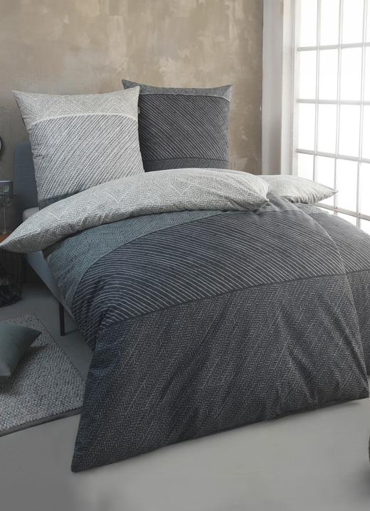 Irisette - Knuffelzachte katoenen beddengoedset, in Größe 112 (80/80 cm + 135/200 cm) bis 115 (80/80 cm + 155/220 cm), in Farbe GRÜN-GRAU Ansicht 1