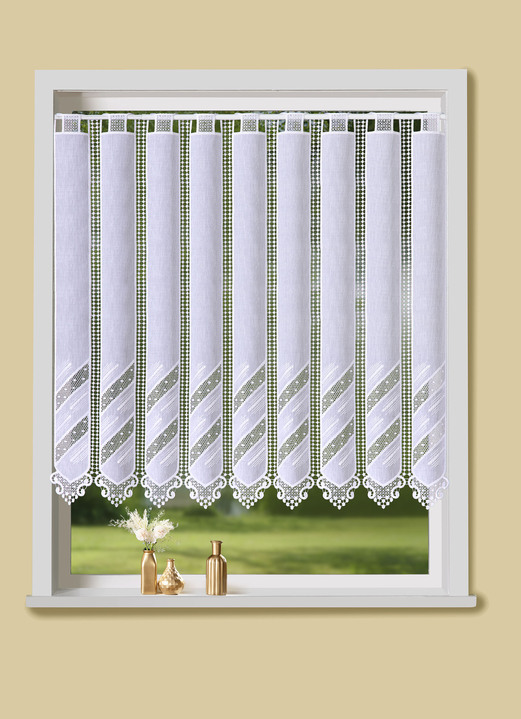 Korte gordijnen - Klein raamgordijn met macramé afwerking, in Größe 823 (H35xB120 cm) bis 890 (H90xB200 cm), in Farbe WEISS Ansicht 1