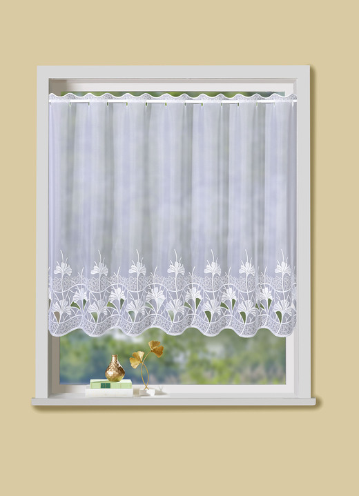 Korte gordijnen - Klein raamgordijn met ginkgomotief, in Größe 854 (H 65xB 95 cm) bis 894 (H120xB148 cm), in Farbe WEISS
