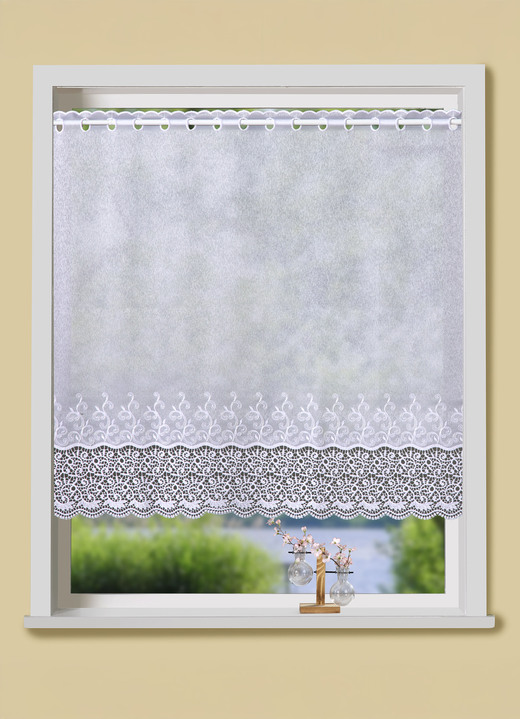 Korte gordijnen - Klein raamgordijn met gebogen macramé-afwerking, in Größe 824 (H 45xB 100 cm) bis 899 (H100xW200 cm), in Farbe WEISS Ansicht 1