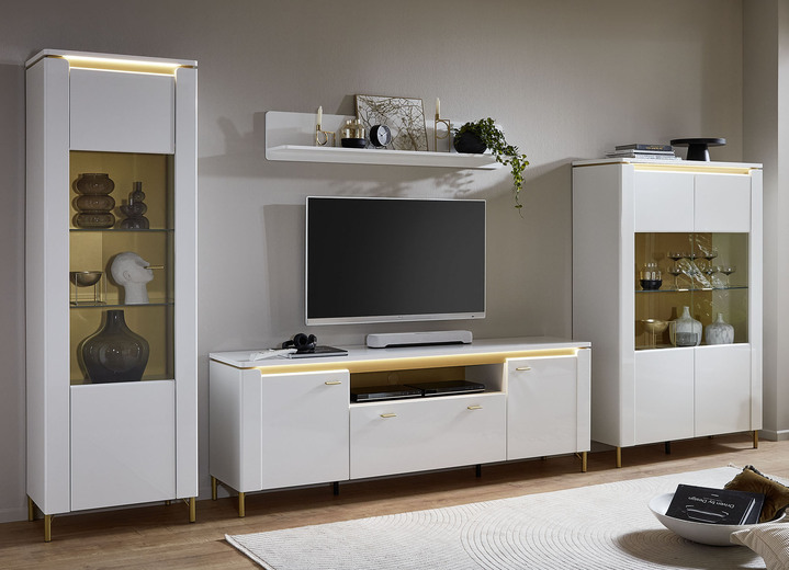 Woonwanden - Wandmeubel met ledverlichting en softclose, in Farbe WEISS-GOLD Ansicht 1