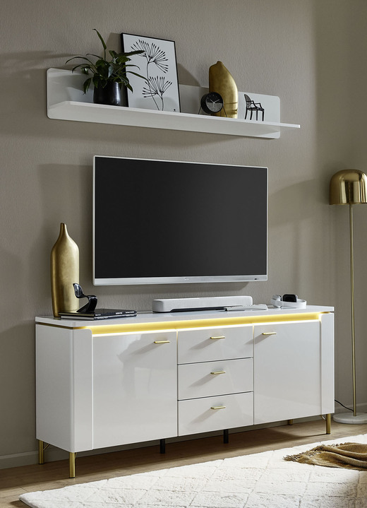 TV- & hifi-meubels - TV longboard met LED verlichting en wandplank, in Farbe WITGOUD, in Ausführung klein Ansicht 1