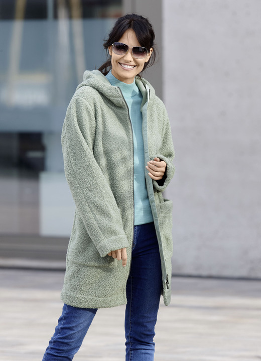 Damesmode - Lange jas met aangehechte capuchon Damesmode - Lange jas met aangehechte capuchon, in Größe 036 bis 052, in Farbe JADEGRÜN