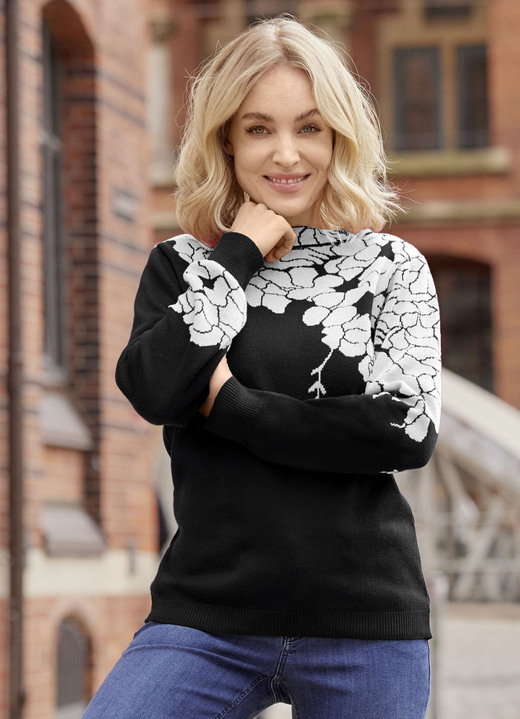 Laura Kent - Trui met bloemenjacquardaccenten, in Größe 038 bis 054, in Farbe SCHWARZ-WEISS Ansicht 1