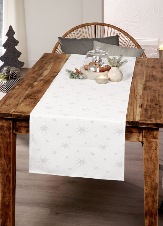 Tischdecken - Läufer, in Größe 105 (Läufer, 40/150 cm) bis 140 (Tischdecke, 140/220 cm), in Farbe WEISS-SILBER Ansicht 1