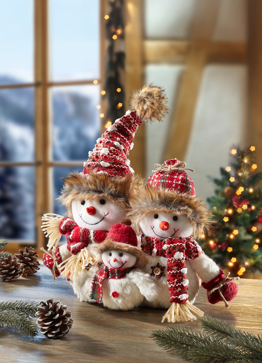Kerstdecoraties - Handgemaakte sneeuwpopfamilie, in Farbe WEISS-ROT-BRAUN