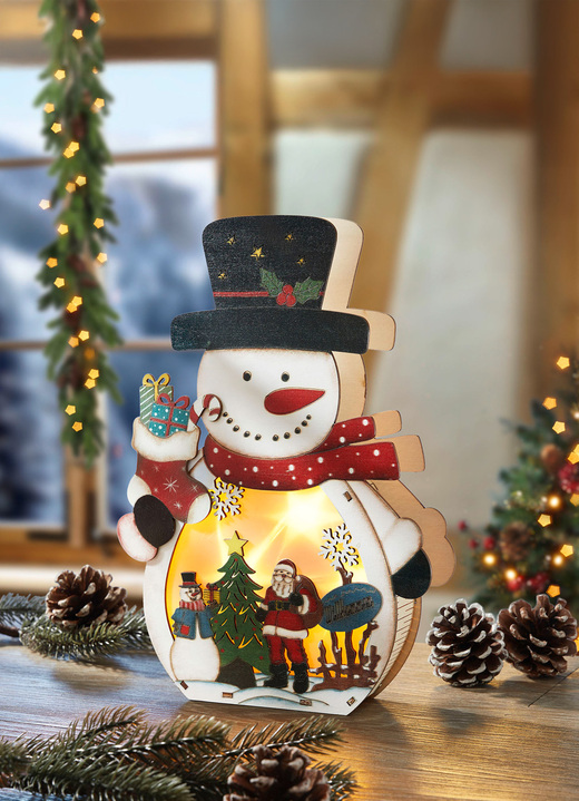Kerstdecoraties - Verlichte sneeuwpop met timerfunctie, in Farbe WEISS-SCHWARZ-ROT