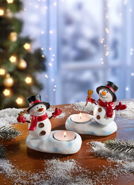Weihnachtliche Dekorationen - Teelichthalter „Schneemann“, 2er-Set, in Farbe WEISS-ROT-SCHWARZ