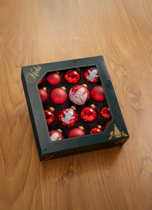 Christbaumschmuck - Weihnachtsbaumkugeln, 16-teilig, in Farbe ROT, in Ausführung Mit Tannen- und Gnom-Motiv Ansicht 1