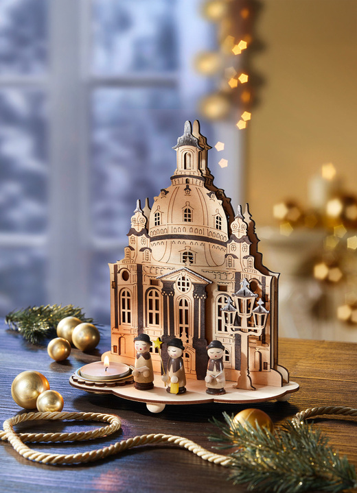 Kerstdecoraties - Theelichthouder Dresden Frauenkirche van hout, in Farbe NATUR