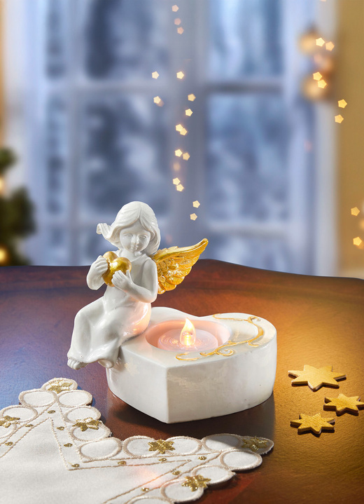 Kerstdecoraties - Waxinelichthouder met engel, in Farbe WEISS-GOLD