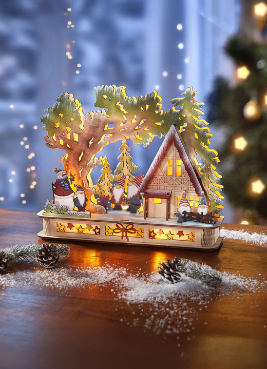 Kerstdecoraties - Verlicht houten kabouterbos, in Farbe KLEURRIJK