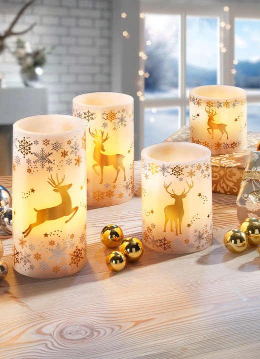 Weihnachtliche Dekorationen - LED-Echtwachskerzen, 4er-Set, in Farbe CREME-GOLD