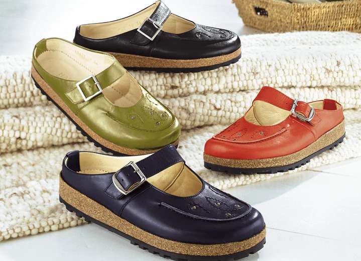 Sandalen & slippers - Haflinger lederen klomp met applicatie en klinknagels, in Größe 036 bis 042, in Farbe BLAUW