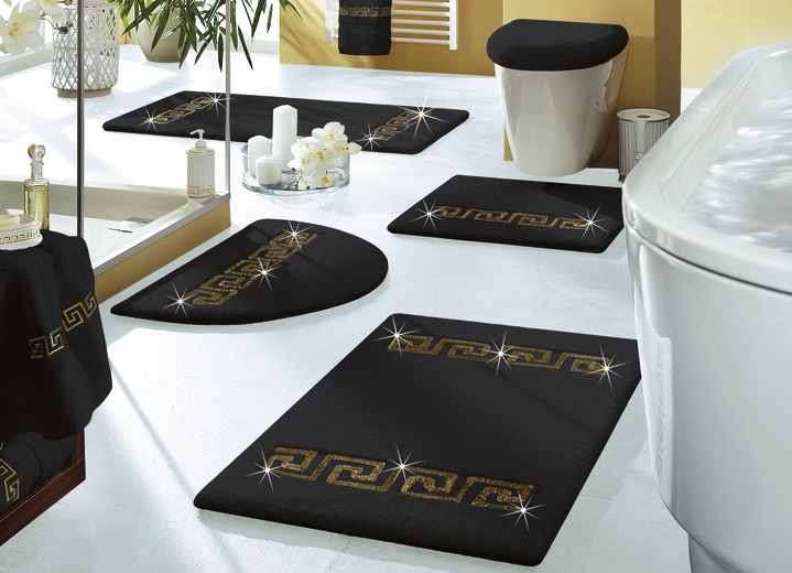 - Luxe badkamerset van de firma Rhomtuft, in Größe 100 (Matje, halfrond 50/80 cm) bis 112 (Toiletdekselafdekking 45/50 cm), in Farbe ZWART-GOUD