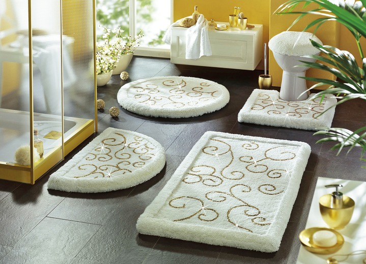 - Luxe badkamerset van Rhomtuft met elegante lurex ranken, in Größe 100 (Matje, halfrond 50/80 cm) bis 112 (Toiletdekselafdekking 45/50 cm), in Farbe WIT-GOUD
