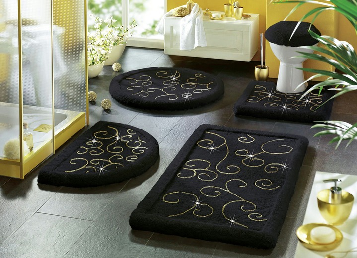 - Luxe badkamerset van Rhomtuft met elegante lurex ranken, in Größe 100 (Matje, halfrond 50/80 cm) bis 112 (Toiletdekselafdekking 45/50 cm), in Farbe ZWART-GOUD
