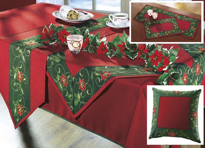 Tafellakens - Traditionele tafel- en kamerdecoratie met Ilex takmotieven, in Größe 100 (placemat 2-delig, 35/50 cm) bis 404 (kussensloop, 40/40 cm), in Farbe ROOD/GROEN/GOUD
