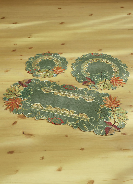 Tafellakens - Tafel- en kamerdecoratie met najaarsbladeren-dessin, in Größe 101 (loper, ovaal, 30 x 70 cm) bis 404 (Kussensloop, 40 x 40 cm), in Farbe GROEN Ansicht 1