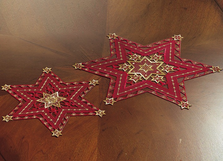 Tafellakens - Prachtig geborduurde tafeldecoratie, in Größe 130 (ster, 2-delige set, ؠ30 cm) bis Stervormig 160 cm., in Farbe ROOD Ansicht 1