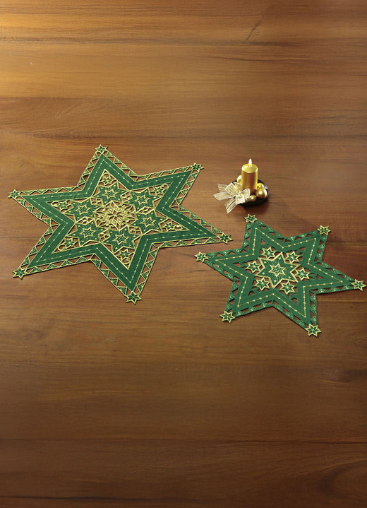 Tafellakens - Prachtig geborduurde tafeldecoratie, in Größe 130 (ster, 2-delige set, ؠ30 cm) bis Stervormig 160 cm., in Farbe GROEN Ansicht 1