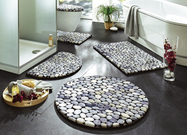 Badmatten - Onderhoudsvriendelijke badkamerset met kiezelmotief, in Größe 100 (Matje, halfrond 50/80 cm) bis 112 (motief toiletdeksel, 47/ 50 cm), in Farbe GRIJS Ansicht 1