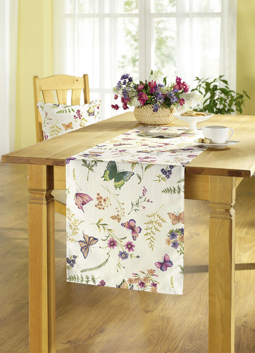 Tafellakens - Lente-achtige bedrukte tafel- en kamerdecoratie, in Größe 146 (loper 40 x 140 cm) bis 450 (Stoelkussen, 42 x 42 cm), in Farbe CRÈME/MULTICOLOR Ansicht 1