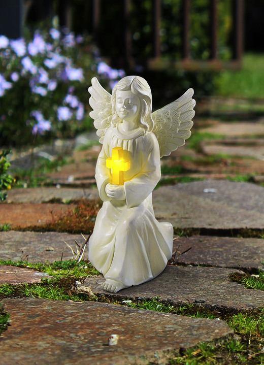 Tuinverlichting - Zonne-engel met kruis gemaakt van polyresin, in Farbe WIT