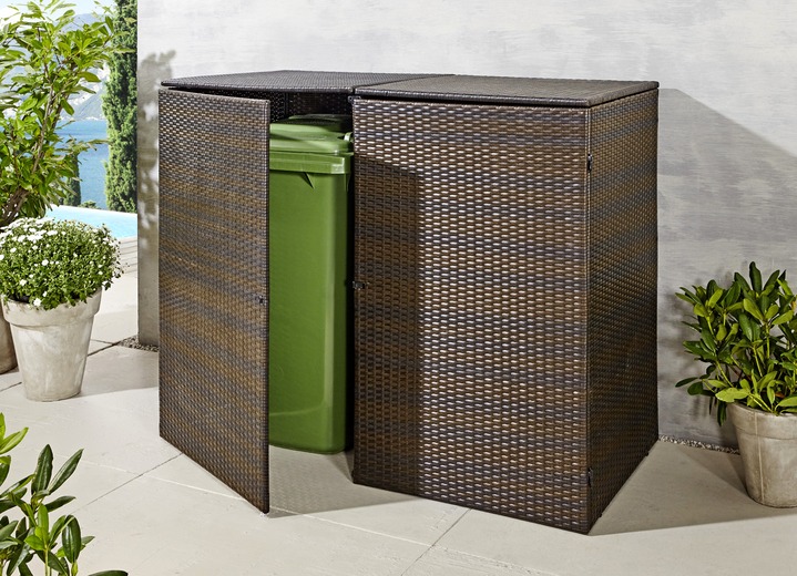 Garten - Doppel-Mülltonnenschrank mit witterungsbeständigem Kunststoffgeflecht, in Farbe BRAUN, in Ausführung Für 2 kleine Tonnen Ansicht 1