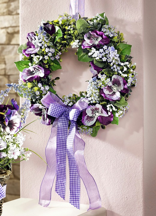 Kunst- & textielplanten - Muurkrans met driekleurige viooltjes, in Farbe PAARS