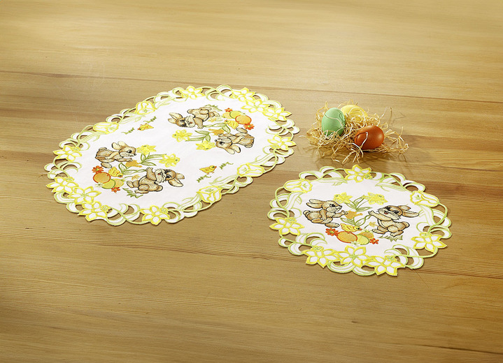 Tafellakens - Tafel- en kamerdecoratie met hazenmotieven, in Größe 101 (loper, 40 x 85 cm) bis 404 (Kussensloop, 40 x 40 cm), in Farbe SEKT/MULTICOLOR Ansicht 1