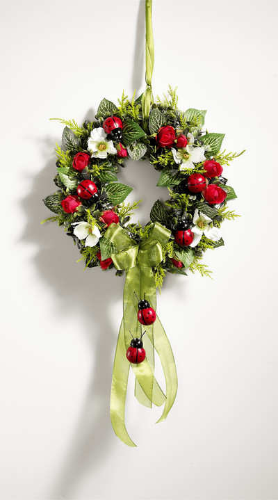 Kunst- & textielplanten - Muurkrans met rozen en lieveheersbeestjes, in Farbe
