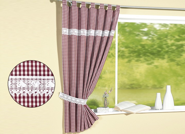 - Overgordijn met gehaakte boord, in Größe 340 (H 125 x B 65 cm) bis 899 (1 embrasse, 60 cm), in Farbe ROOD-WIT, in Ausführung Met lussen Ansicht 1